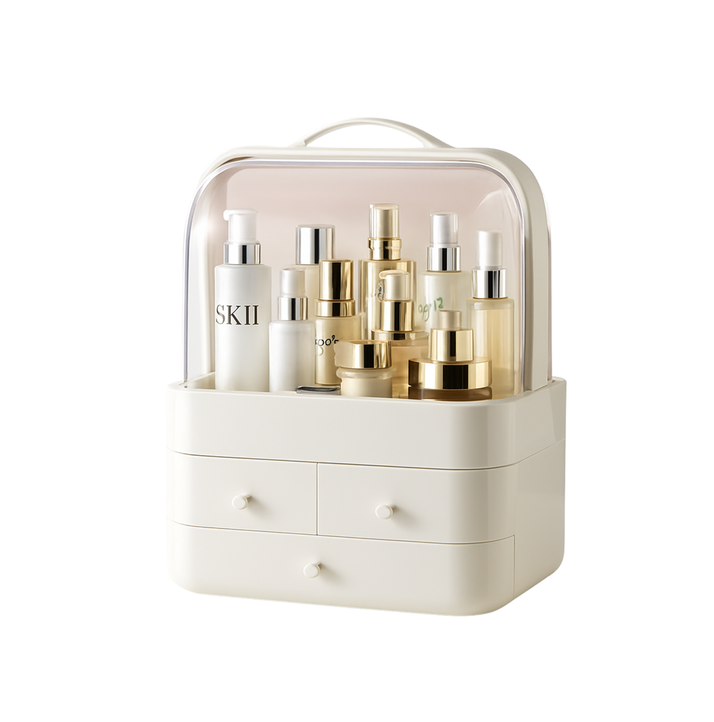 Cosmetics Organizer with Dust-Proof Cover – White